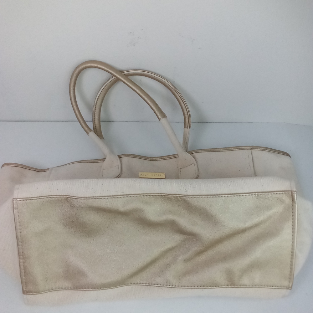 Ralph Lauren Cream Canvas Tote Bag Gold Vegan Leather NWOT - Picture 4 of 10